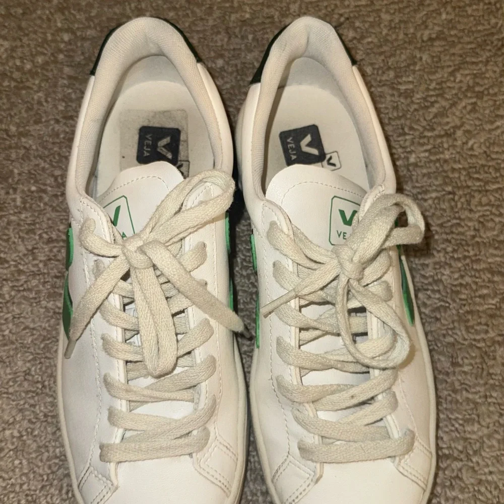 Veja Leather Sneakers in White with Green V - Picture 2 of 6